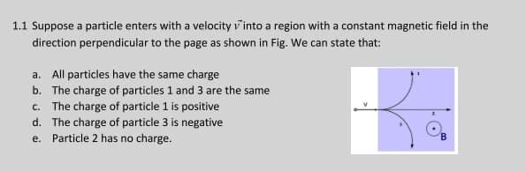 1.1 Suppose a particle enters with a velocity into a region with a constant magnetic field in the
direction perpendicular to the page as shown in Fig. We can state that:
a. All particles have the same charge
b. The charge of particles 1 and 3 are the same
c. The charge of particle 1 is positive
d. The charge of particle 3 is negative
e. Particle 2 has no charge.
B