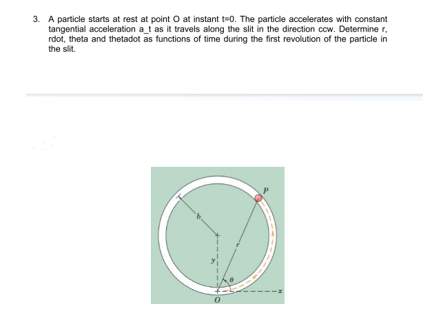 3. A particle starts at rest at point O at instant t=0. The particle accelerates with constant
tangential acceleration a_t as it travels along the slit in the direction ccw. Determine r,
rdot, theta and thetadot as functions of time during the first revolution of the particle in
the slit.