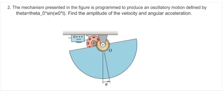 2. The mechanism presented in the figure is programmed to produce an oscillatory motion defined by
theta-theta_0*sin(w0*t). Find the amplitude of the velocity and angular acceleration.