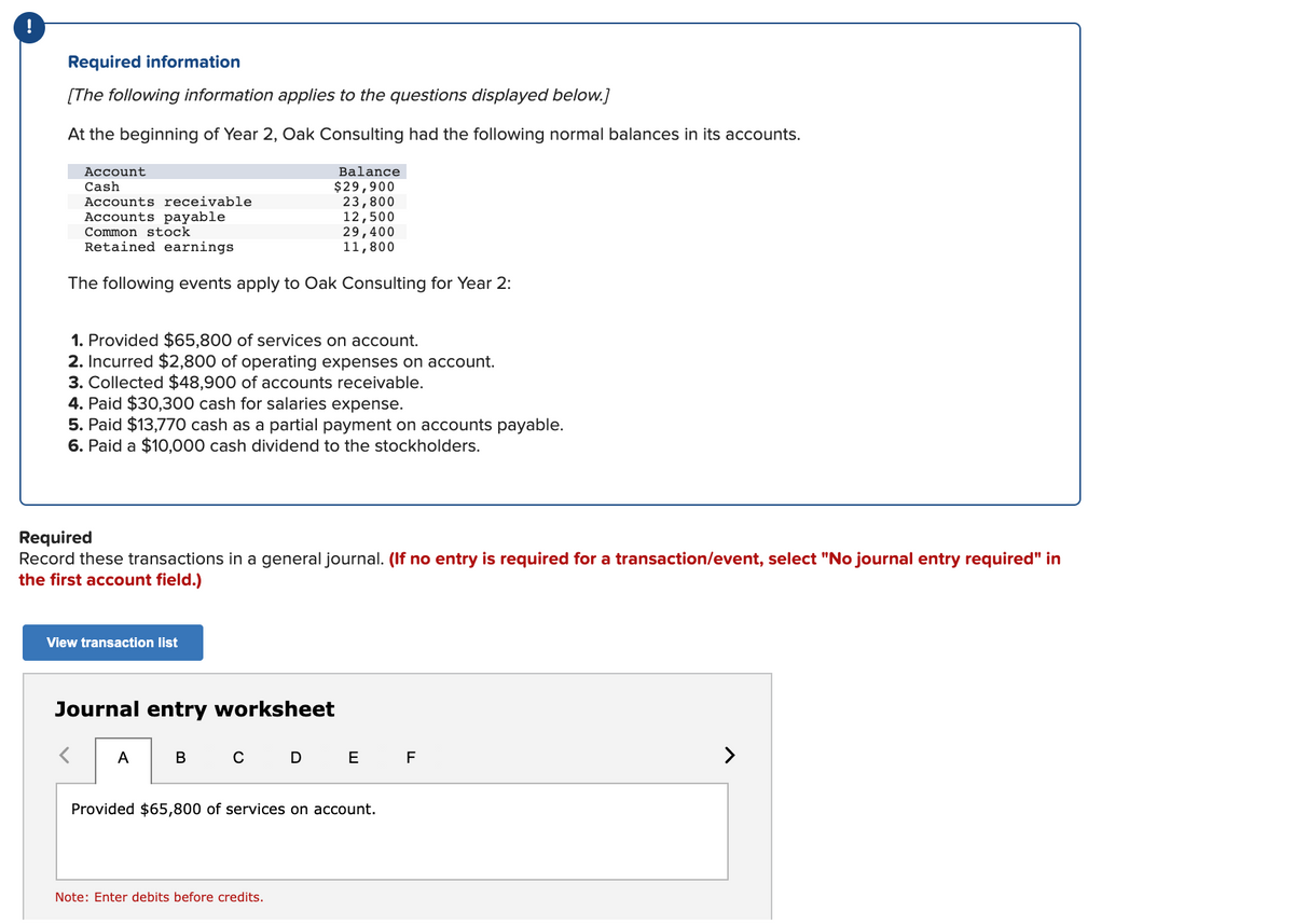 !
Required information
[The following information applies to the questions displayed below.]
At the beginning of Year 2, Oak Consulting had the following normal balances in its accounts.
Account
Balance
Cash
Accounts receivable
Accounts payable
Common stock
Retained earnings
$29,900
23,800
12,500
29,400
11,800
The following events apply to Oak Consulting for Year 2:
1. Provided $65,800 of services on account.
2. Incurred $2,800 of operating expenses on account.
3. Collected $48,900 of accounts receivable.
4. Paid $30,300 cash for salaries expense.
5. Paid $13,770 cash as a partial payment on accounts payable.
6. Paid a $10,000 cash dividend to the stockholders.
Required
Record these transactions in a general journal. (If no entry is required for a transaction/event, select "No journal entry required" in
the first account field.)
View transaction list
Journal entry worksheet
A
B
C D
E
F
>
Provided $65,800 of services on account.
Note: Enter debits before credits.
