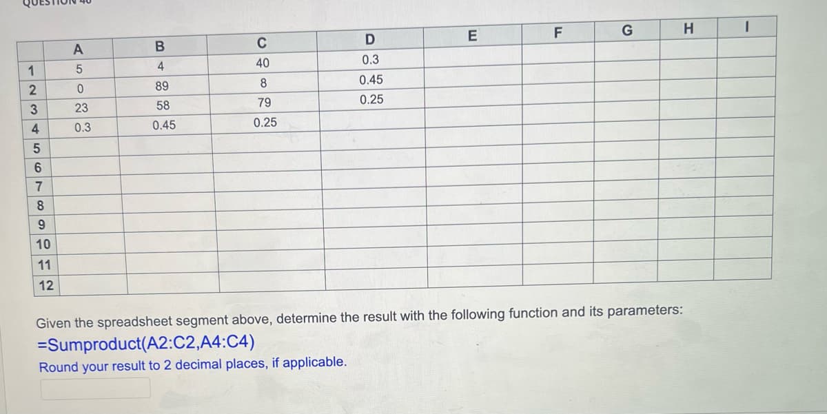 1
23456789
10
11
12
A
5
0
23
0.3
B
4
89
58
0.45
C
40
8
79
0.25
D
0.3
0.45
0.25
E
TI
F
G
H
Given the spreadsheet segment above, determine the result with the following function and its parameters:
=Sumproduct(A2:C2,A4:C4)
Round your result to 2 decimal places, if applicable.
I