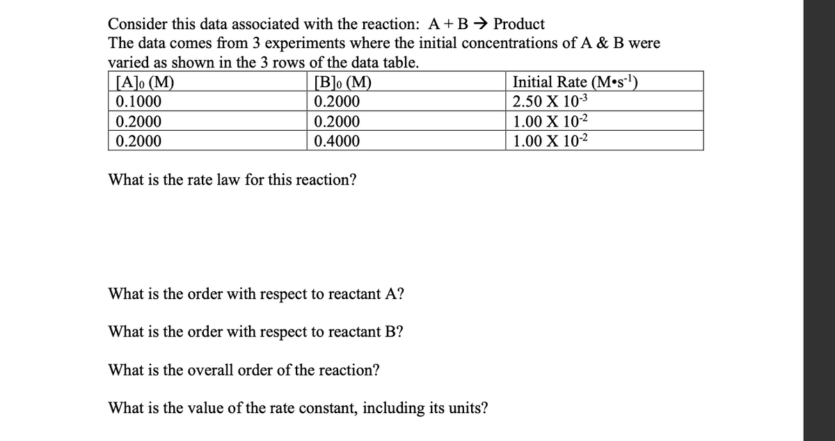 Consider this data associated with the reaction: A + B → Product
The data comes from 3 experiments where the initial concentrations of A & B were
varied as shown in the 3 rows of the data table.
[A]o (M)
0.1000
0.2000
0.2000
[B]o (M)
0.2000
0.2000
0.4000
What is the rate law for this reaction?
What is the order with respect to reactant A?
What is the order with respect to reactant B?
What is the overall order of the reaction?
What is the value of the rate constant, including its units?
Initial Rate (M-s-¹)
2.50 X 10-3
1.00 X 10-²
1.00 X 10-²