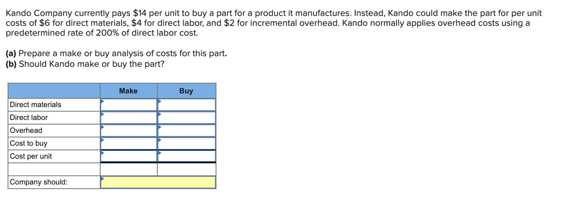 Kando Company currently pays $14 per unit to buy a part for a product it manufactures. Instead, Kando could make the part for per unit
costs of $6 for direct materials, $4 for direct labor, and $2 for incremental overhead. Kando normally applies overhead costs using a
predetermined rate of 200% of direct labor cost.
(a) Prepare a make or buy analysis of costs for this part.
(b) Should Kando make or buy the part?
Make
Buy
Direct materials
Direct labor
Overhead
Cost to buy
Cost per unit
Company should:
