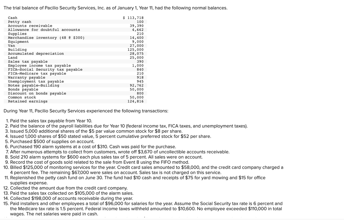 The trial balance of Pacilio Security Services, Inc. as of January 1, Year 11, had the following normal balances.
Cash
$ 113,718
Petty cash
Accounts receivable
100
39,390
4,662
210
Allowance for doubtful accounts
Supplies
Merchandise inventory (48 @ $300)
Equipment
Van
14,400
9,000
27,000
125,000
28,075
25,000
390
Building
Accumulated depreciation
Land
Sales tax payable
Employee income tax payable
FICA-Social Security tax payable
FICA-Medicare tax payable
Warranty payable
Unemployment tax payable
Notes payable-Building
Bonds payable
Discount on bonds payable
1,000
840
210
918
945
92,762
50,000
800
50,000
124,816
Common stock
Retained earnings
During Year 11, Pacilio Security Services experienced the following transactions:
1. Paid the sales tax payable from Year 1O.
2. Paid the balance of the payroll liabilities due for Year 10 (federal income tax, FICA taxes, and unemployment taxes).
3. Issued 5,000 additional shares of the $5 par value common stock for $8 per share.
4. Issued 1,000 shares of $50 stated value, 5 percent cumulative preferred stock for $52 per share.
5. Purchased $500 of supplies on account.
6. Purchased 190 alarm systems at a cost of $310. Cash was paid for the purchase.
7. After numerous attempts to collect from customers, wrote off $3,670 of uncollectible accounts receivable.
8. Sold 210 alarm systems for $600 each plus sales tax of 5 percent. All sales were on account.
9. Record the cost of goods sold related to the sale from Event 8 using the FIFO method.
10. Billed $125,000 of monitoring services for the year. Credit card sales amounted to $58,000, and the credit card company charged a
4 percent fee. The remaining $67,000 were sales on account. Sales tax is not charged on this service.
11. Replenished the petty cash fund on June 30. The fund had $10 cash and receipts of $75 for yard mowing and $15 for office
supplies expense.
12. Collected the amount due from the credit card company.
13. Paid the sales tax collected on $105,000 of the alarm sales.
14. Collected $198,000 of accounts receivable during the year.
15. Paid installers and other employees a total of $96,000 for salaries for the year. Assume the Social Security tax rate is 6 percent and
the Medicare tax rate is 1.5 percent. Federal income taxes withheld amounted to $10,600. No employee exceeded $110,000 in total
wages. The net salaries were paid in cash.
