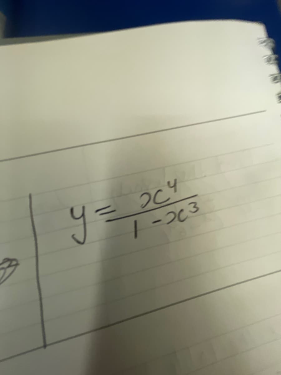 The image contains a mathematical expression written in a notebook. The equation is:

\[ y = \frac{2c^4}{1 - 2c^3} \]

This expression represents a function \( y \) in terms of the variable \( c \). It is a rational function, consisting of a polynomial in the numerator (\(2c^4\)) and a polynomial in the denominator (\(1 - 2c^3\)). Such functions are key in algebra and calculus, often involving the examination of asymptotes, intercepts, and behavior near critical points where the denominator approaches zero.