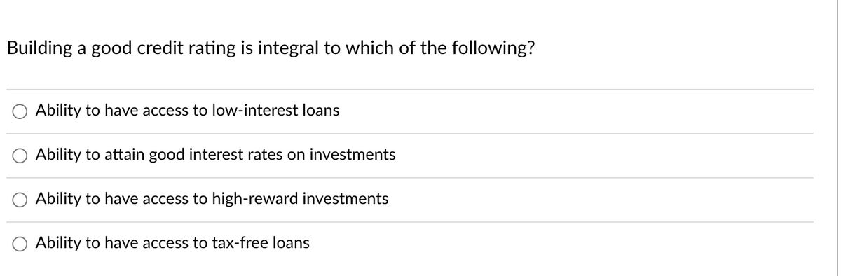 Building a good credit rating is integral to which of the following?
Ability to have access to low-interest loans
Ability to attain good interest rates on investments
Ability to have access to high-reward investments
Ability to have access to tax-free loans
