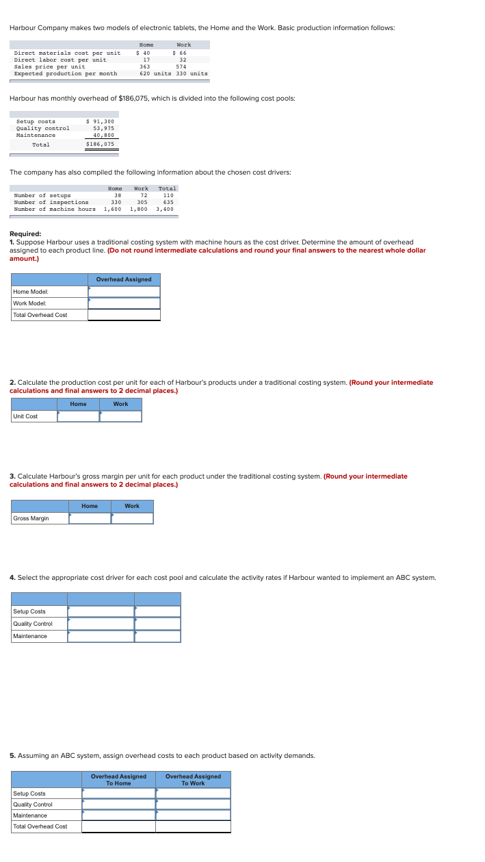 Harbour Company makes two models of electronic tablets, the Home and the Work. Basic production information follows:
Home
Work
$ 40
17
$ 66
Direct materials cost per unit
Direct labor cost per unit
Sales price per unit
Expected production per nonth
32
363
574
620 units 330 units
Harbour has monthly overhead of $186,075, which is divided into the following cost pools:
$ 91,300
53,975
40,800
Setup costs
Quality control
Maintenance
Total
$186,075
The company has also compiled the following information about the chosen cost drivers:
Work
Total
Home
38
Number of setups
Number of inspections
Number of machine hours 1,600
72
110
330
305
635
1,800 3,400
Required:
1. Suppose Harbour uses a traditional costing system with machine hours as the cost driver. Determine the amount of overhead
assigned to each product line. (Do not round intermediate calculations and round your final answers to the nearest whole dollar
amount.)
Overhead Assigned
Home Model:
Work Model:
Total Overhead Cost
2. Calculate the production cost per unit for each of Harbour's products under a traditional costing system. (Round your intermediate
calculations and final answers to 2 decimal places.)
Home
Work
Unit Cost
3. Calculate Harbour's gross margin per unit for each product under the traditional costing system. (Round your intermediate
calculations and final answers to 2 decimal places.)
Home
Work
Gross Margin
4. Select the appropriate cost driver for each cost pool and calculate the activity rates if Harbour wanted to implement an ABC system.
Setup Costs
Quality Control
Maintenance
5. Assuming an ABC system, assign overhead costs to each product based on activity demands.
Overhead Assigned
Overhead Assigned
To Home
To Work
Setup Costs
Quality Control
Maintenance
Total Overhead Cost
