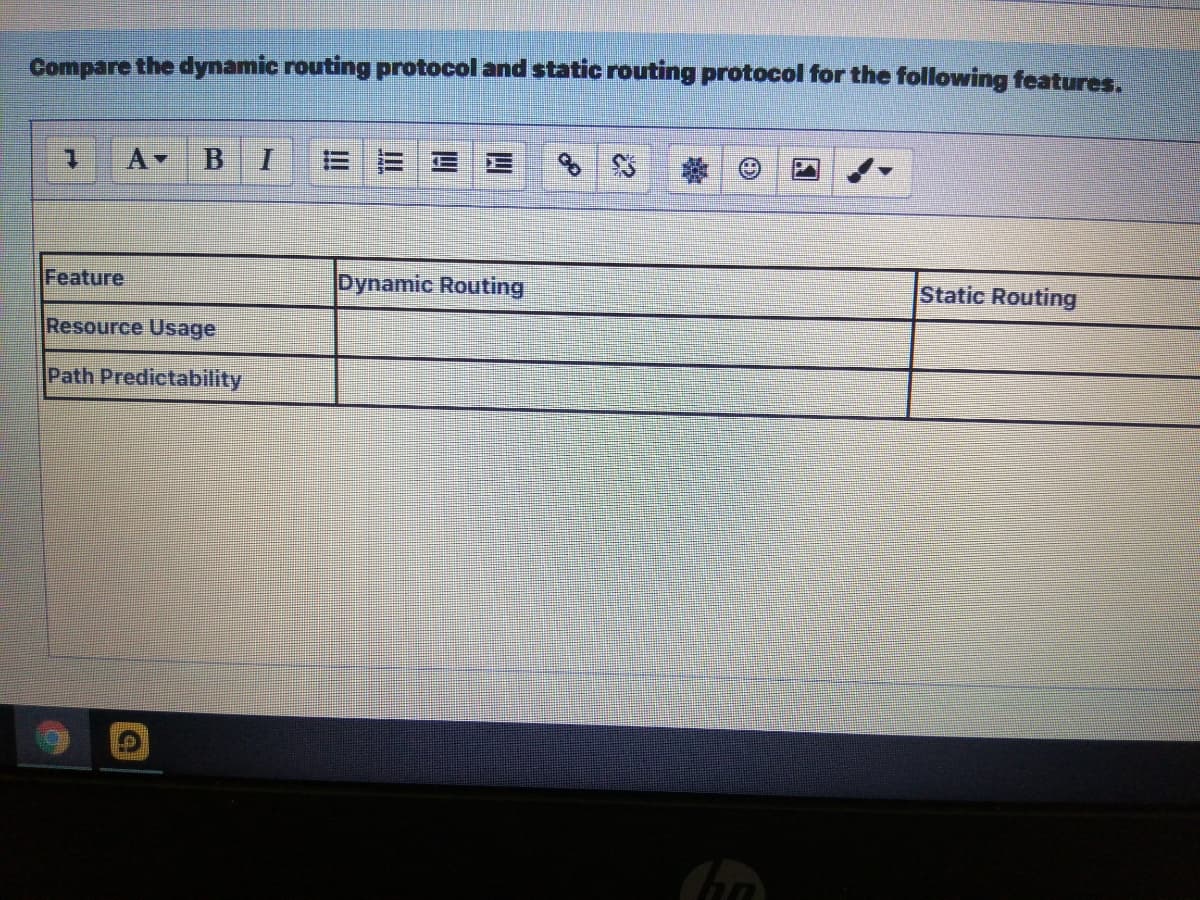 Compare the dynamic routing protocol and static routing protocol for the following features.
1.
A-
B I
Feature
Dynamic Routing
Static Routing
Resource Usage
Path Predictability
