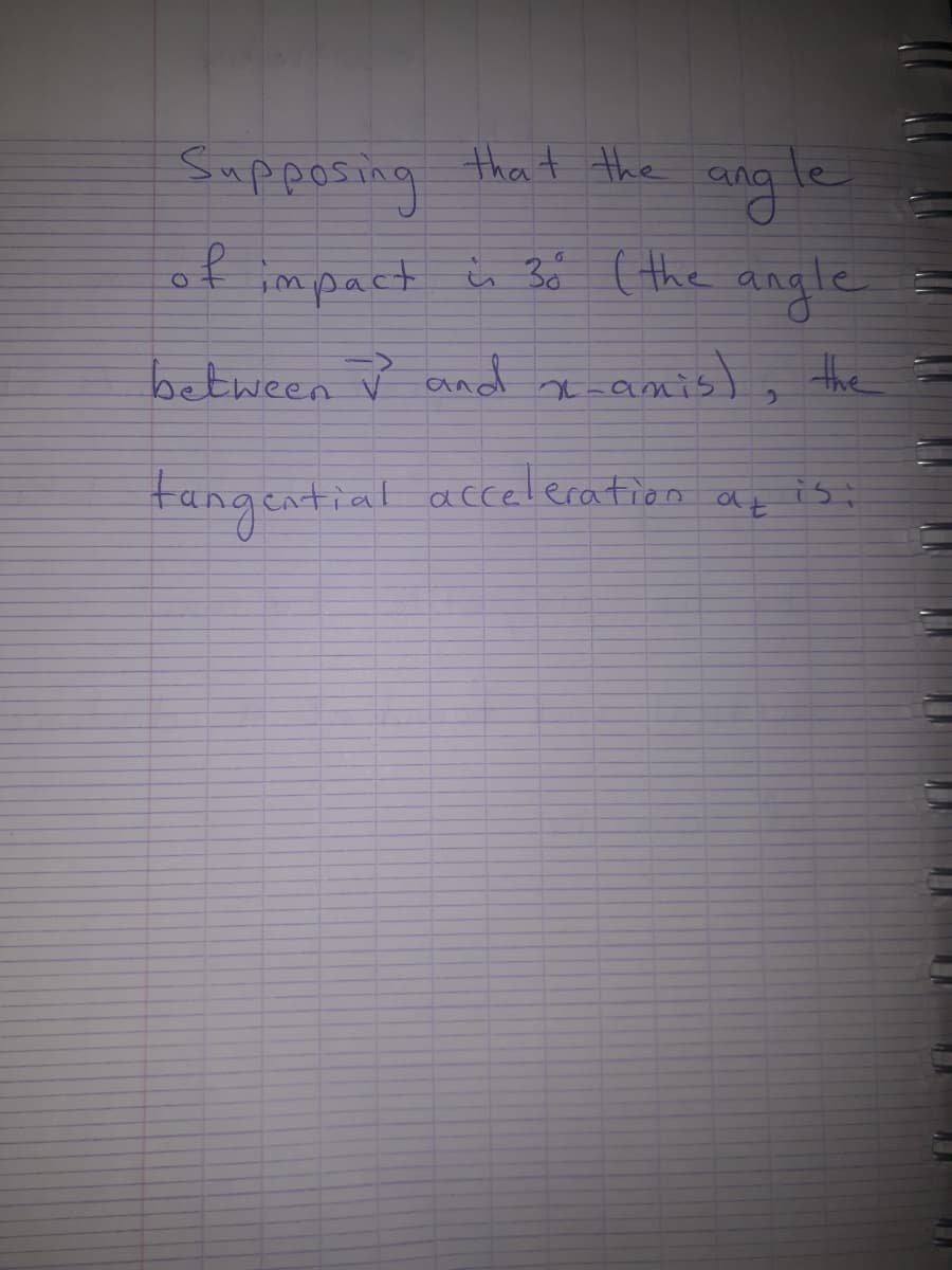 Sapposing that the
ag le
of impact i Bó ( the
angle
between V and x amis),
the
tangential acceleration az
