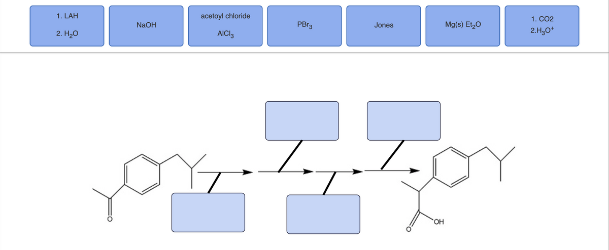 1. LAH
acetoyl chloride
1. CO2
NaOH
PBr3
Jones
Mg(s) Et,0
2. H20
AICI3
2.H,0*
HO,
