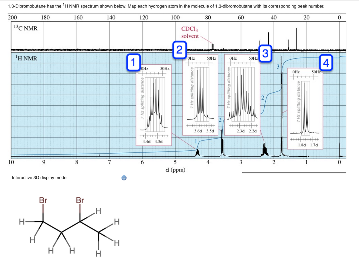 1,3-Dibromobutane has the 'H NMR spectrum shown below. Map each hydrogen atom in the molecule of 1,3-dibromobutane with its corresponding peak number.
200
180
160
140
120
100
80
60
40
20
13C NMR
CDC13
solvent
2
3
1
4
ΗΝMR
OHz
50HZ
50HZ
OHz
OHz
3
50HZ
OHz
50HZ
+++ +
3.6d 3.5d
2.3d 2.2d
4.4d 4.3d
1.8d 1.7d
10
9.
8.
7
4
3
2
1
d (ppm)
Interactive 3D display mode
Br
Br
H
7 Hz splitting distance +
7 Hz splitting distance
bunyds zH
7 Hz splitting distance
