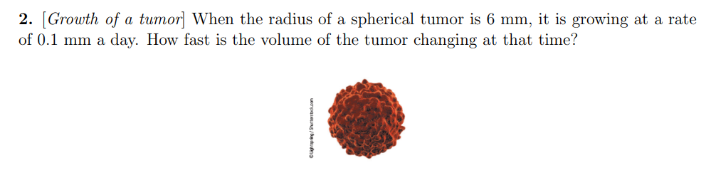 2. [Growth of a tumor] When the radius of a spherical tumor is 6 mm, it is growing at a rate
of 0.1 mm a day. How fast is the volume of the tumor changing at that time?
