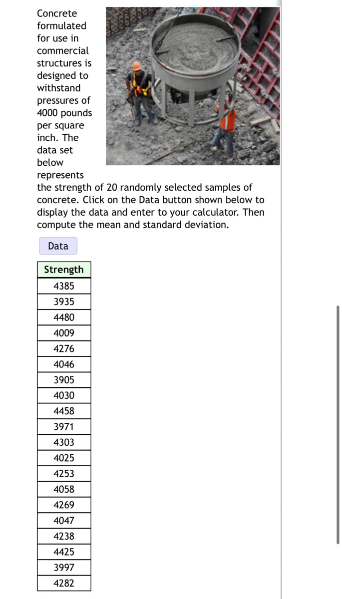 Concrete
formulated
for use in
commercial
structures is
designed to
withstand
pressures of
4000 pounds
per square
inch. The
data set
below
represents
the strength of 20 randomly selected samples of
concrete. Click on the Data button shown below to
display the data and enter to your calculator. Then
compute the mean and standard deviation.
Data
Strength
4385
3935
4480
4009
4276
4046
3905
4030
4458
3971
4303
4025
4253
4058
4269
4047
4238
4425
3997
4282