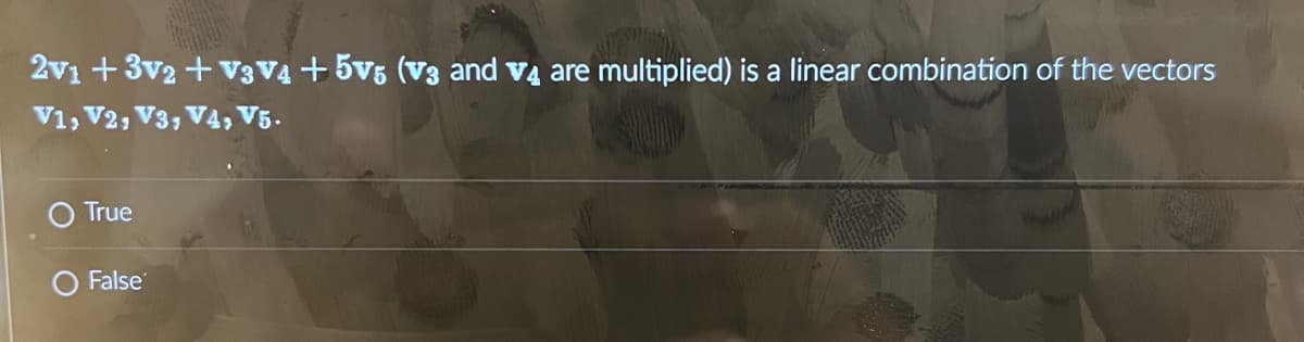 2v1 +3V2 + V3 V4 +5V5 (V3 and V4 are multiplied) is a linear combination of the vectors
V1, V2, V3, V4, V5.
True
O False