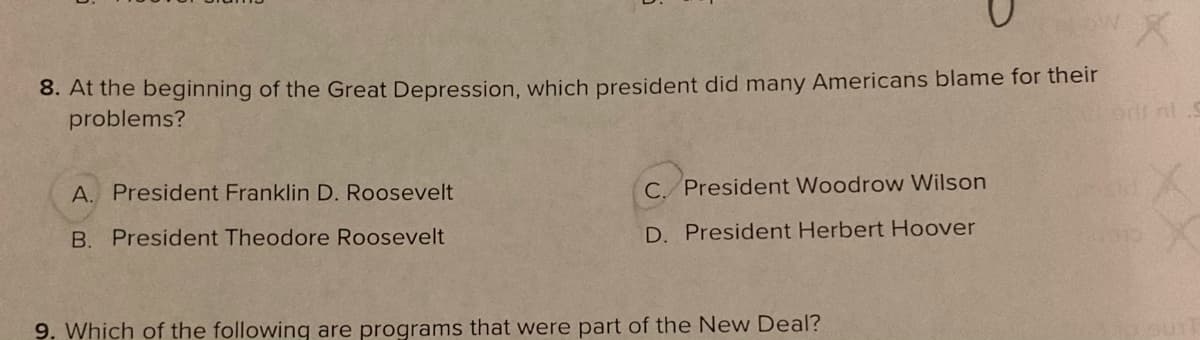 8. At the beginning of the Great Depression, which president did many Americans blame for their
problems?
A. President Franklin D. Roosevelt
C. President Woodrow Wilson
B. President Theodore Roosevelt
D. President Herbert Hoover
9. Which of the following are programs that were part of the New Deal?
