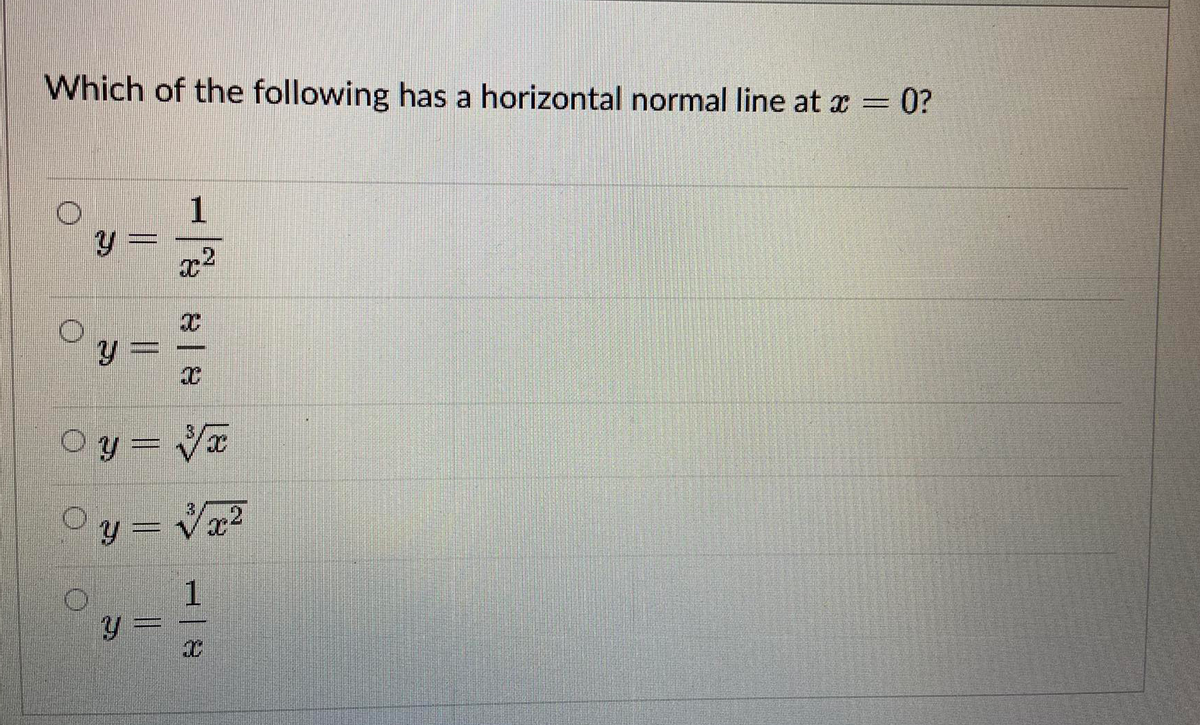 Which of the following has a horizontal normal line at x= 0?
Oy = V
Oy = Vr?
13
