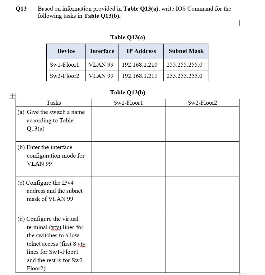 Based on information provided in Table Q13(a), write IOS Command for the
following tasks in Table Q13(b).
Q13
Table Q13(a)
Device
Interface
IP Address
Subnet Mask
Swl-Floorl
VLAN 99
192.168.1.210
255.255.255.0
Sw2-Floor2
VLAN 99
192.168.1.211
255.255.255.0
Table Q13(b)
Tasks
Swl-Floor1
Sw2-Floor2
(a) Give the switch a name
according to Table
Q13(a)
(b) Enter the interface
configuration mode for
VLAN 99
(c) Configure the IPV4
address and the subnet
mask of VLAN 99
(d) Configure the virtual
terminal (yty) lines for
the switches to allow
telnet access (first 8 yty
lines for Swl-Floor1
and the rest is for Sw2-
Floor2)
