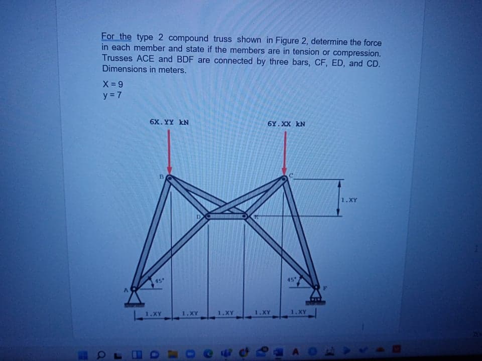 For the type 2 compound truss shown in Figure 2, determine the force
in each member and state if the members are in tension or compression.
Trusses ACE and BDF are connected by three bars, CF, ED, and CD.
Dimensions in meters.
X 9
y = 7
6X. YY kN
6Y. XX kN
1.XY
45
45
1.XY
1.XY
1.XY
1.XY
1.XY
