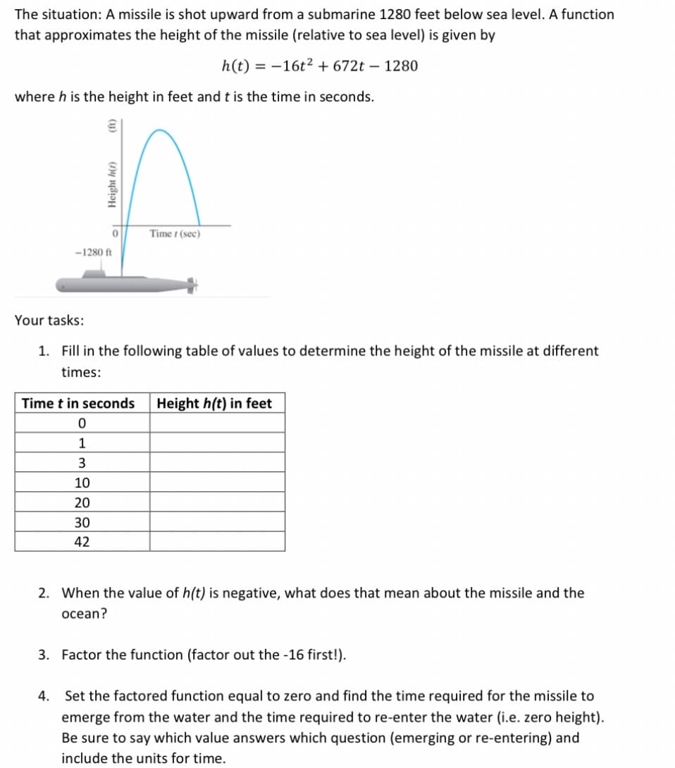 The situation: A missile is shot upward from a submarine 1280 feet below sea level. A function
that approximates the height of the missile (relative to sea level) is given by
h(t) = 16t² +672t - 1280
where h is the height in feet and t is the time in seconds.
Height h
0
-1280 ft
Timer (sec)
Your tasks:
1. Fill in the following table of values to determine the height of the missile at different
times:
Time t in seconds Height h(t) in feet
0
1
3
10
20
30
42
2. When the value of h(t) is negative, what does that mean about the missile and the
ocean?
3. Factor the function (factor out the -16 first!).
4. Set the factored function equal to zero and find the time required for the missile to
emerge from the water and the time required to re-enter the water (i.e. zero height).
Be sure to say which value answers which question (emerging or re-entering) and
include the units for time.