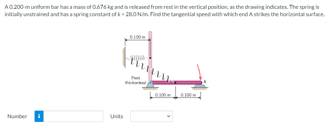 A 0.200-m uniform bar has a mass of 0.676 kg and is released from rest in the vertical position, as the drawing indicates. The spring is
initially unstrained and has a spring constant of k = 28.0 N/m. Find the tangential speed with which end A strikes the horizontal surface.
Number i
Units
0.100 m
Pivot
(friction less)
0.100 m
0.100 m