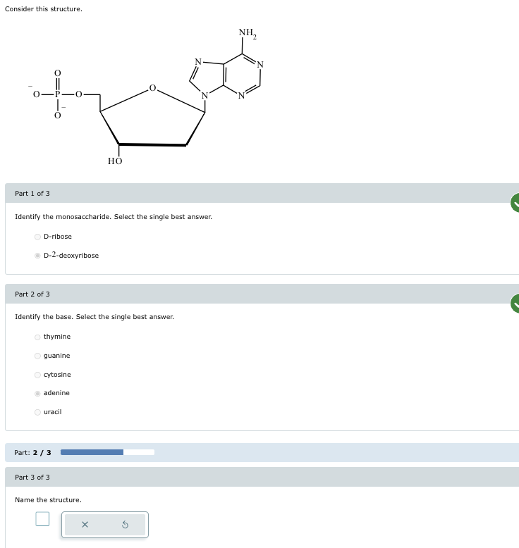 Consider this structure.
Part 1 of 3
но
Identify the monosaccharide. Select the single best answer.
D-ribose
D-2-deoxyribose
Part 2 of 3
Identify the base. Select the single best answer.
thymine
guanine
cytosine
adenine
uracil
Part: 2/3
Part 3 of 3
Name the structure.
NH₂