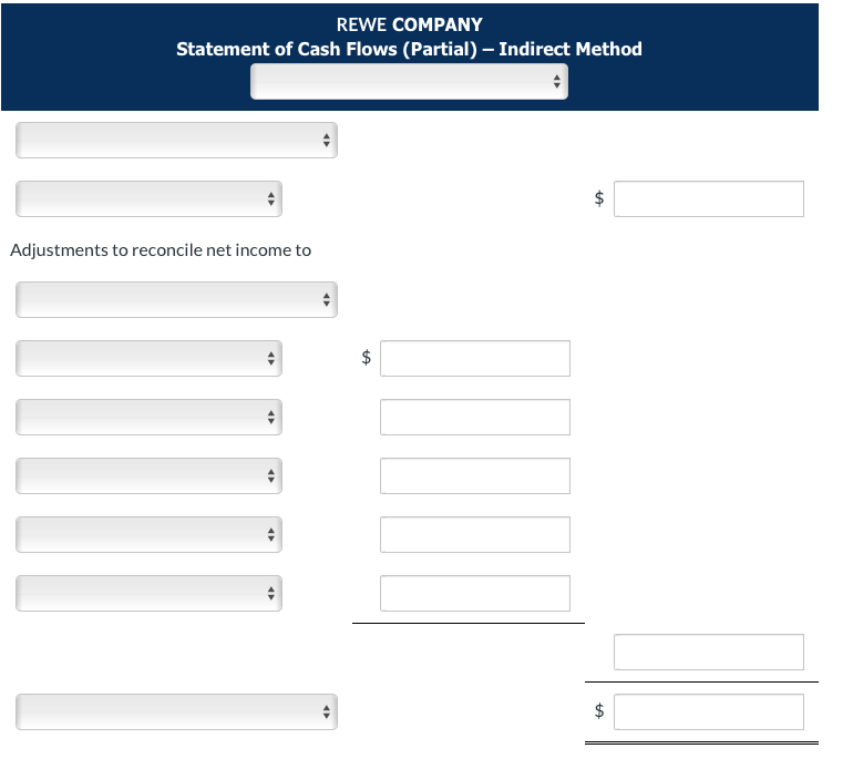 REWE COMPANY
Statement of Cash Flows (Partial) - Indirect Method
Adjustments to reconcile net income to
+
tA
LA
$
LA