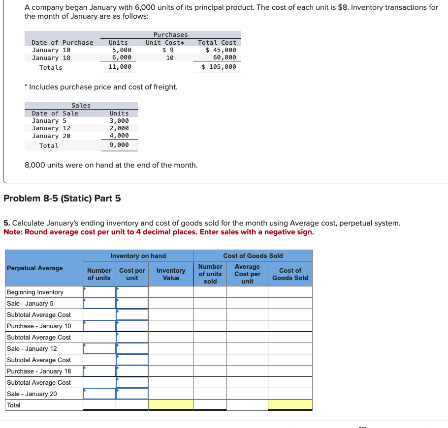 A company began January with 6,000 units of its principal product. The cost of each unit is $8. Inventory transactions for
the month of January are as follows:
Date of Purchase
January 10
January 18
Totals
Date of Sale
January 5
January 12
January 20
Total
Sales
Perpetual Average
* Includes purchase price and cost of freight.
Units
Beginning Inventory
Sale - January 5
Subtotal Average Cost
5,000
6,000
11,000
Purchase - January 10
Subtotal Average Cost
Sale - January 12
Subtotal Average Cost
Purchase - January 18
Subtotal Average Cost
Sale - January 20
Total
Purchases
Units
3,000
2,000
4,000
9,000
Unit Cost*
8,000 units were on hand at the end of the month.
$9
10
Problem 8-5 (Static) Part 5
5. Calculate January's ending inventory and cost of goods sold for the month using Average cost, perpetual system.
Note: Round average cost per unit to 4 decimal places. Enter sales with a negative sign.
Total Cost
$ 45,000
60,000
$ 105,000
Inventory on hand
Number Cost per Inventory
of units unit
Value
Number
of units
sold
Cost of Goods Sold
Average
Cost per
unit
Cost of
Goods Sold