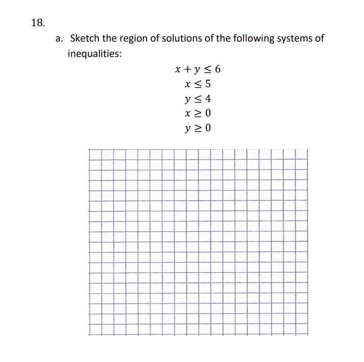 18.
a. Sketch the region of solutions of the following systems of
inequalities:
x +y< 6
x< 5
y < 4
x 2 0
y 2 0
