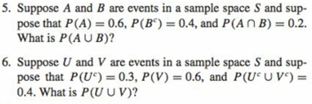 5. Suppose A and B are events in a sample space S and sup-
pose that P(A) = 0.6, P(B“) = 0.4, and P(A N B) = 0.2.
What is P(A U B)?
6. Suppose U and V are events in a sample space S and sup-
pose that P(Uc) = 0.3, P(V) = 0.6, and P(Uc U V°) =
0.4. What is P(U U V)?
%3D
%3D
