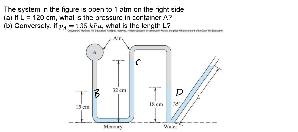 The system in the figure is open to 1 atm on the right side.
(a) If L = 120 cm, what is the pressure in container A?
(b) Conversely, if pA = 135 kPa, what is the length L?
Copyright © McGraw-Hill Education. All rights reserved. No reproduction or distribution without the prior written consent of McGraw-Hill Education.
Air
15 cm
32 cm
Mercury
с
18 cm
D
35°
Water