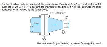 For the pipe-flow reducing section of the figure shown, D₁ = 8 cm, D₂ = 5 cm, and p=1 atm. All
fluids are at 20°C. If V₁ = 5 m/s and the manometer reading is h=58 cm, estimate the total
horizontal force resisted by the flange bolts.
A 15 Ibinabs
Water
Open
jet
This question is designed to help you achieve Learning Outcome 4