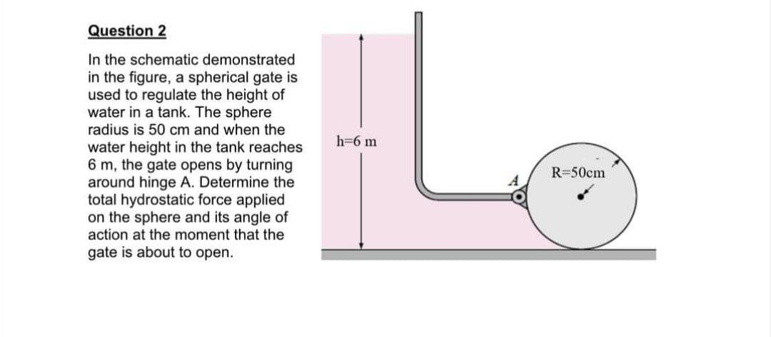 Question 2
In the schematic demonstrated
in the figure, a spherical gate is
used to regulate the height of
water in a tank. The sphere
radius is 50 cm and when the
water height in the tank reaches
6 m, the gate opens by turning
around hinge A. Determine the
total hydrostatic force applied
on the sphere and its angle of
action at the moment that the
gate is about to open.
h=6 m
R=50cm