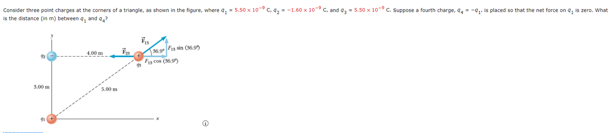 Consider three point charges at the corners of a triangle, as shown in the figure, where q, = 5.50 x 10 C, q, = -1.60 x 10-° C, and q3 = 5.50 x 10-° C. Suppose a fourth charge, 94 = -9,, is placed so that the net force on q, is zero. What
is the distance (in m) between q, and 94?
F93
36.9° F1s sin (36.99
4.00 m
92
F13 cos (36.9°)
93
3.00 m
5.00 m
91
