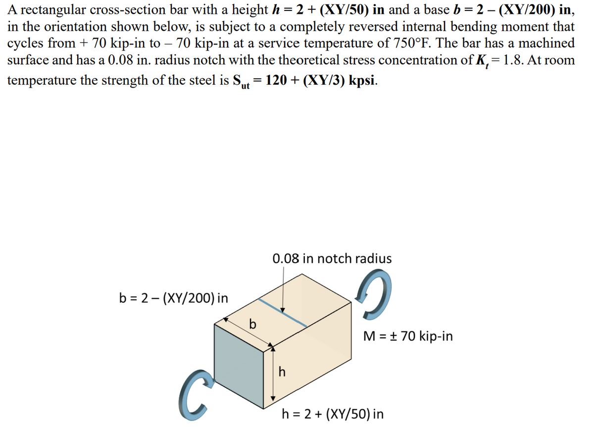 A rectangular cross-section bar with a height h = 2 + (XY/50) in and a base b = 2 - (XY/200) in,
in the orientation shown below, is subject to a completely reversed internal bending moment that
cycles from + 70 kip-in to 70 kip-in at a service temperature of 750°F. The bar has a machined
surface and has a 0.08 in. radius notch with the theoretical stress concentration of K, = 1.8. At room
-
temperature the strength of the steel is S₁t = 120 + (XY/3) kpsi.
ut
b=2(XY/200) in
b
0.08 in notch radius
h
C
M = ± 70 kip-in
h=2+(XY/50) in