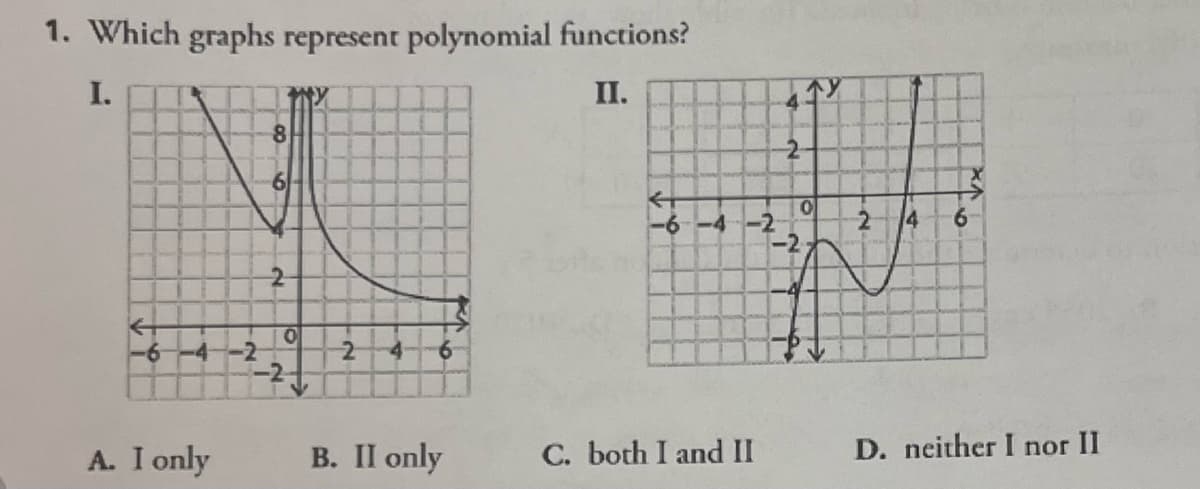 1. Which graphs represent polynomial functions?
I.
II.
←+
-6-4-2
A. I only
8
61
2
0
-2
2
6
B. II only
K
-6-4-2
C. both I and II
LAY
2
-2
ST
2
14
D. neither I nor II