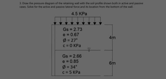 3. Draw the pressure diagram of the retaining wall with the soil profile shown both in active and passive
cases. Solve for the active and passive lateral force and its location from the bottom of the wall.
4.5 KPa
Gs = 2.73
e = 0.67
Ø = 27°
C =0 KPa
%3D
4m
Gs = 2.66
%3D
e = 0.85
Ø = 34°
C = 5 KPa
6m
