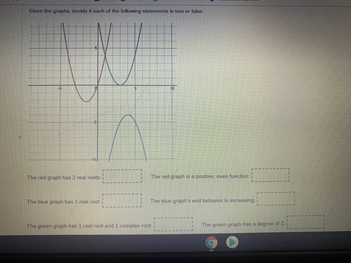 Given the graphs, decide if each of the following statements is true or false.
10
-10
The red graph has 2 real roots:
The red graph is a positive, even function: i
The blue graph has 1 real root: 1
The blue graph's end behavior is increasing:
The green graph has 1 real root and 1 complex root:
The green graph has a degree of 2:1
