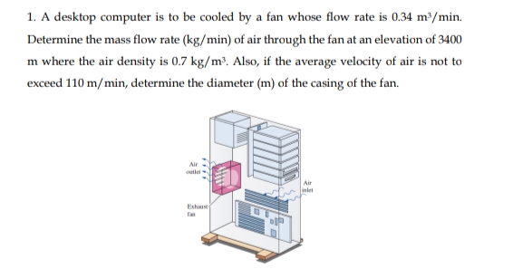 1. A desktop computer is to be cooled by a fan whose flow rate is 0,34 m³/min.
Determine the mass flow rate (kg/min) of air through the fan at an elevation of 3400
m where the air density is 0.7 kg/m³. Also, if the average velocity of air is not to
exceed 110 m/min, determine the diameter (m) of the casing of the fan.
Air
cutle
Air
Exhaust
fan
