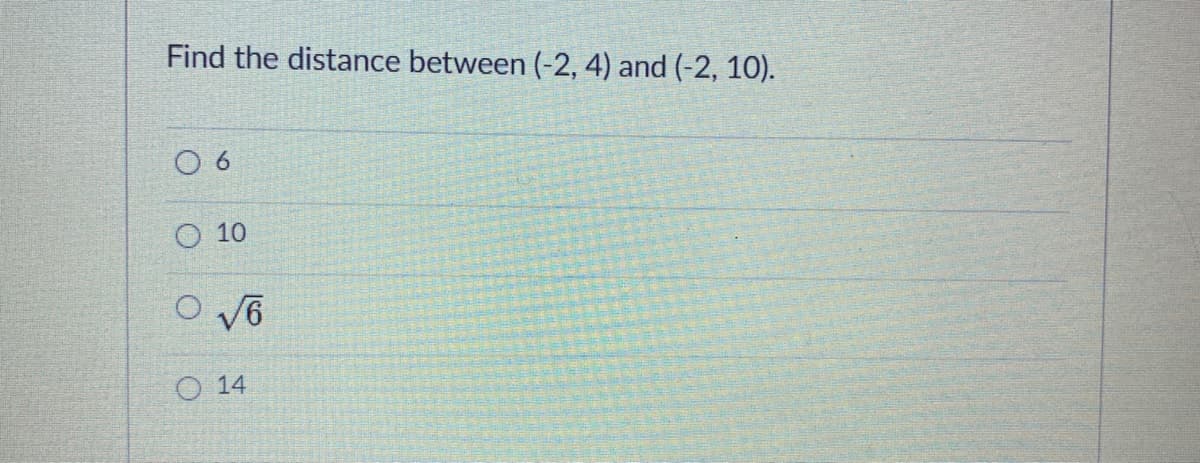 Find the distance between (-2, 4) and (-2, 10).
O 10
O V6
O 14
