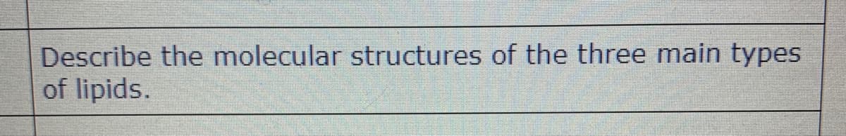 Describe the molecular structures of the three main types
of lipids.
