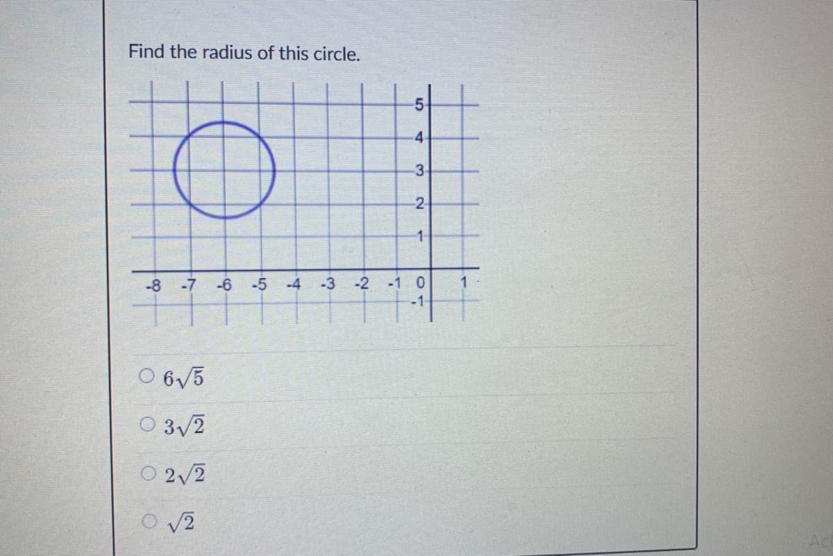 Find the radius of this circle.
4-
3-
-8
-7
-6
-5
-4
-3
-2
-1
O 6/5
O 3/2
O 2/2
V2
2.
