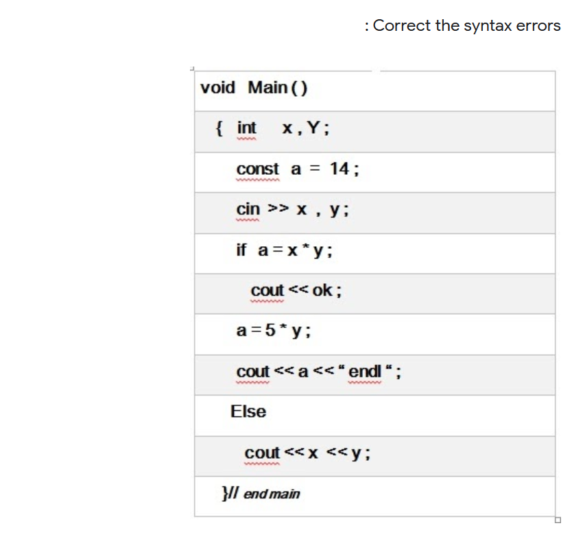 : Correct the syntax errors
void Main ()
{ int
x, Y;
const a = 14;
cin >> x , y;
www
if a=x*y;
cout << ok;
www
a =5* y;
cout << a <<“endl “;
ww
Else
cout <<x <<y;
}// end main
