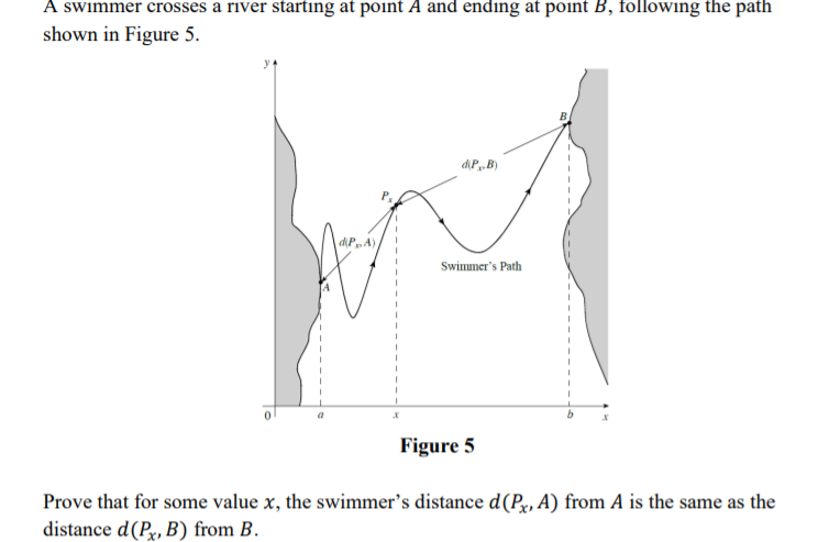 A swimmer crosses a river starting at point A and ending at point B, following the path
shown in Figure 5.
d\PB)
diPA)
Swimmer's Path
Figure 5
Prove that for some value x, the swimmer's distance d(Px, A) from A is the same as the
distance d(Py, B) from B.
