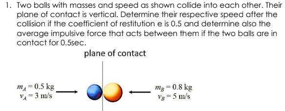 1. Two balls with masses and speed as shown collide into each other. Their
plane of contact is vertical. Determine their respective speed after the
collision if the coefficient of restitution e is 0.5 and determine also the
average impulsive force that acts between them if the two balls are in
contact for 0.5sec.
plane of contact
m = 0.5 kg
V4 = 3 m/s
mg = 0.8 kg
V3 =5 m/s
