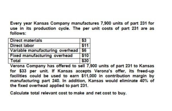 Every year Kansas Company manufactures 7,900 units of part 231 for
use in its production cycle. The per unit costs of part 231 are as
follows:
Direct materials
Direct labor
$3
$11
Variable manufacturing overhead $6
Fixed manufacturing overhead $10
Total
$30
Verona Company has offered to sell 7,900 units of part 231 to Kansas
for $33 per unit. If Kansas accepts Verona's offer, its freed-up
facilities could be used to earn $11,000 in contribution margin by
manufacturing part 240. In addition, Kansas would eliminate 40% of
the fixed overhead applied to part 231.
Calculate total relevant cost to make and net cost to buy.