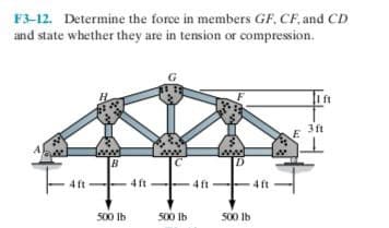 F3-12. Determine the force in members GF, CF, and CD
and state whether they are in tension or compression.
3 ft
D
4 ft
4 ft
4 ft
500 Ib
500 Ib
500 Ib
