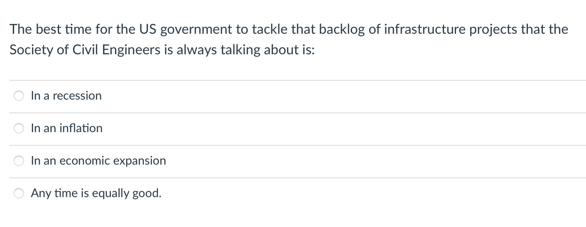 The best time for the US government to tackle that backlog of infrastructure projects that the
Society of Civil Engineers is always talking about is:
In a recession
In an inflation
In an economic expansion
Any time is equally good.