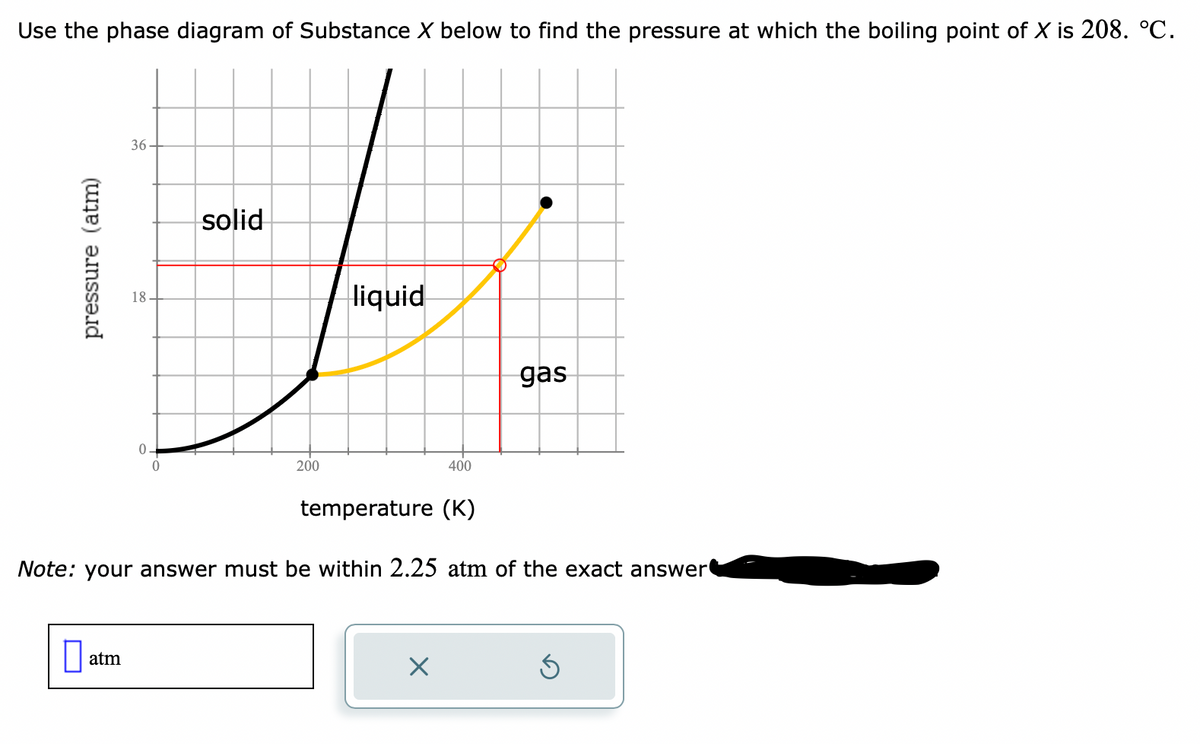 Use the phase diagram of Substance X below to find the pressure at which the boiling point of X is 208. °C.
solid
H
O
liquid
gas
400
pressure (atm)
36
atm
18.
0
0
200
temperature (K)
Note: your answer must be within 2.25 atm of the exact answer
X
Ś