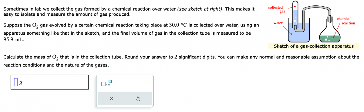 Sometimes in lab we collect the gas formed by a chemical reaction over water (see sketch at right). This makes it
easy to isolate and measure the amount of gas produced.
Suppose the O₂ gas evolved by a certain chemical reaction taking place at 30.0 °C is collected over water, using an
apparatus something like that in the sketch, and the final volume of gas in the collection tube is measured to be
95.9 mL.
g
collected
x10
gas
water
chemical
Sketch of a gas-collection apparatus
Calculate the mass of O₂ that is in the collection tube. Round your answer to 2 significant digits. You can make any normal and reasonable assumption about the
2
reaction conditions and the nature of the gases.
reaction