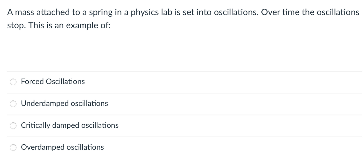 A mass attached to a spring in a physics lab is set into oscillations. Over time the oscillations
stop. This is an example of:
Forced Oscillations
Underdamped oscillations
Critically damped oscillations
Overdamped oscillations